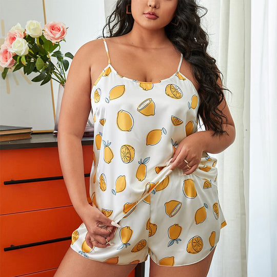 Plus Size Summer Cartoon Yellow Peach Homewear Casual Backless Loose Fitting Loungewear Suspender Shorts Pajamas Women