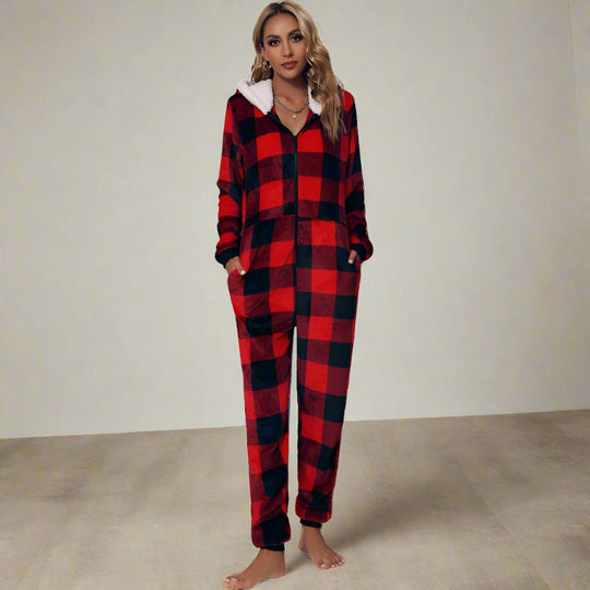 Fall Women round Neck Long Sleeve Flannel Jumpsuit pajama