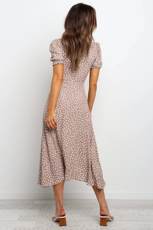 Maxi Dress Square Collar Short Sleeve Polka Dot Floral Print Slit Dress