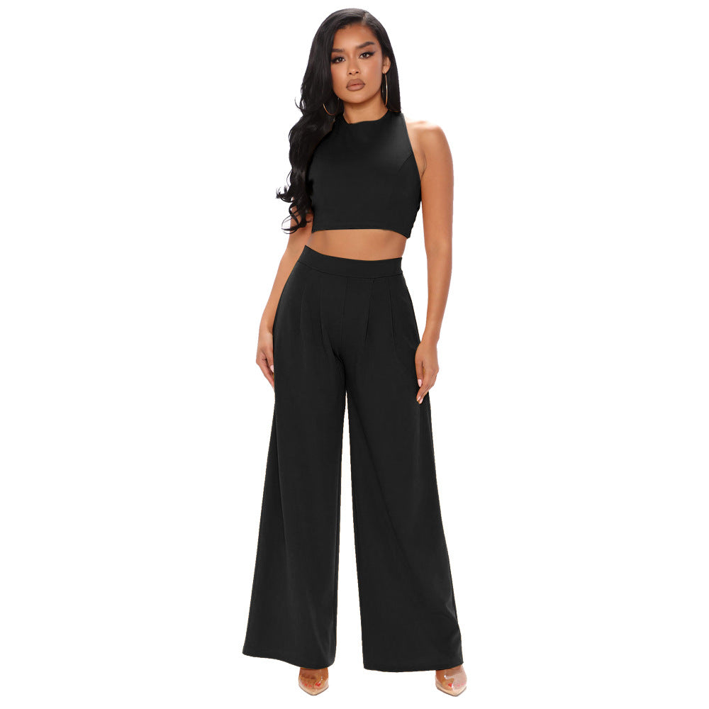 Cropped Tank Top Straight Flare Pants Casual Sports Two-Piece Set