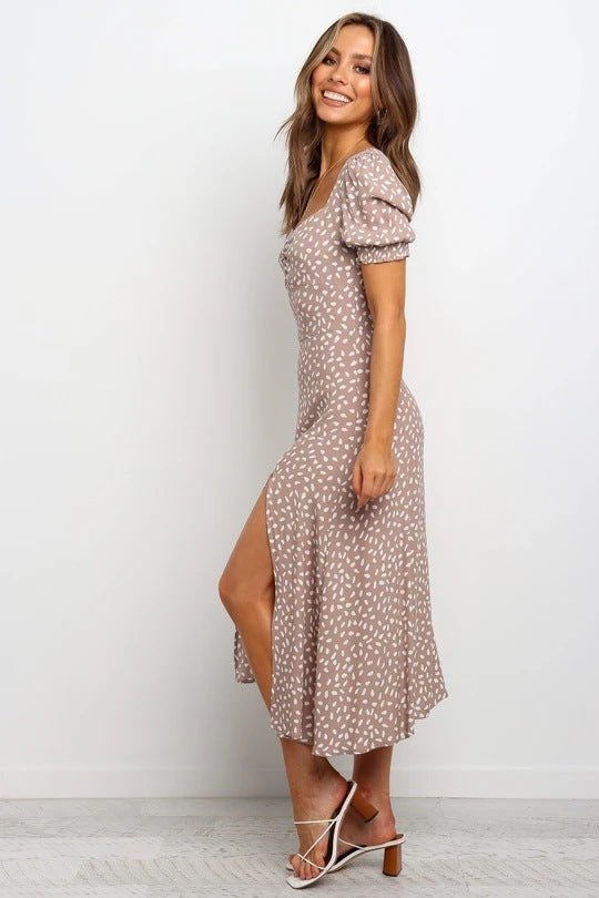 Maxi Dress Square Collar Short Sleeve Polka Dot Floral Print Slit Dress