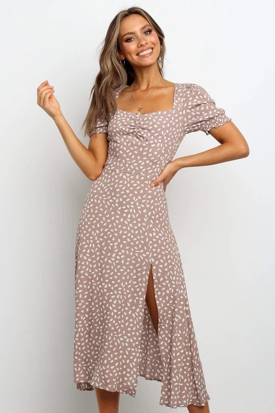 Maxi Dress Square Collar Short Sleeve Polka Dot Floral Print Slit Dress