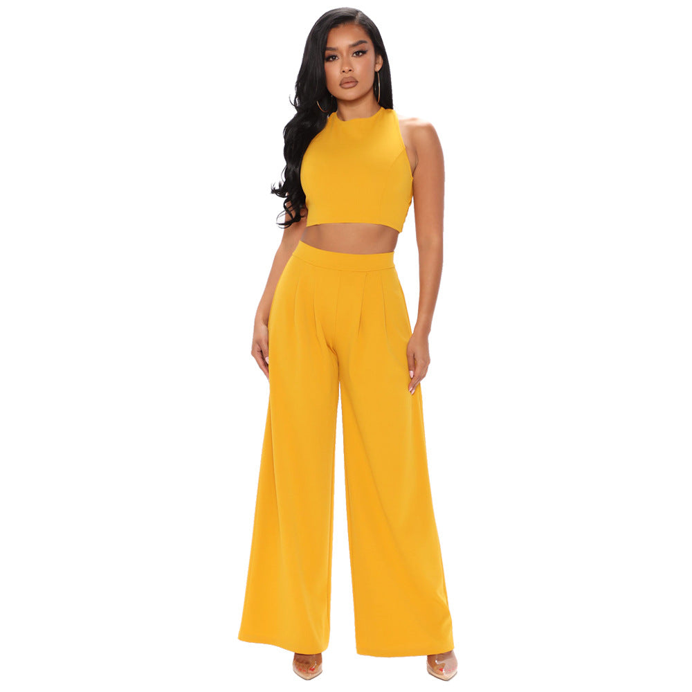 Cropped Tank Top Straight Flare Pants Casual Sports Two-Piece Set