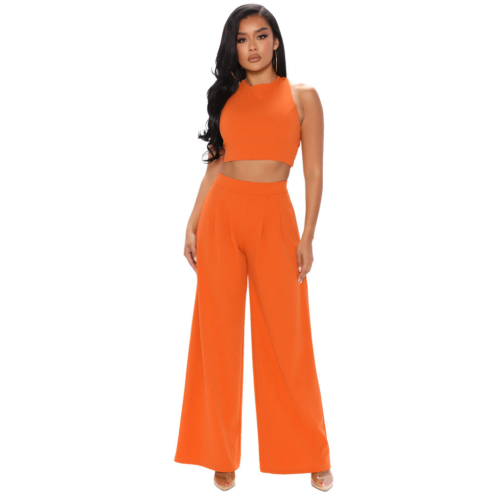 Cropped Tank Top Straight Flare Pants Casual Sports Two-Piece Set