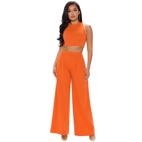 Cropped Tank Top Straight Flare Pants Casual Sports Two-Piece Set