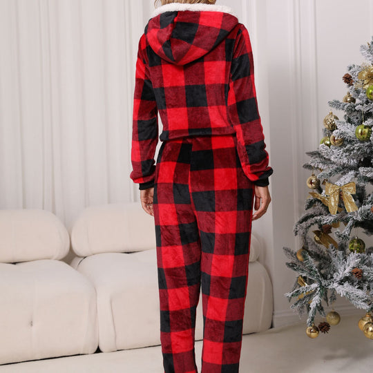 Fall Women round Neck Long Sleeve Flannel Jumpsuit pajama