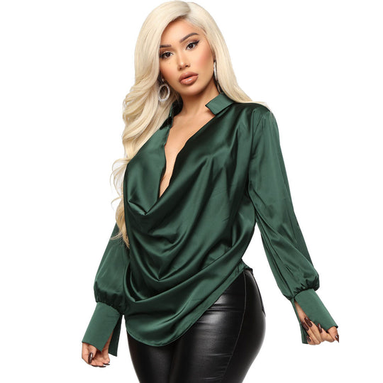 Fall Winter Sexy Long Sleeve Deep V Plunge Neck Satin Shirt