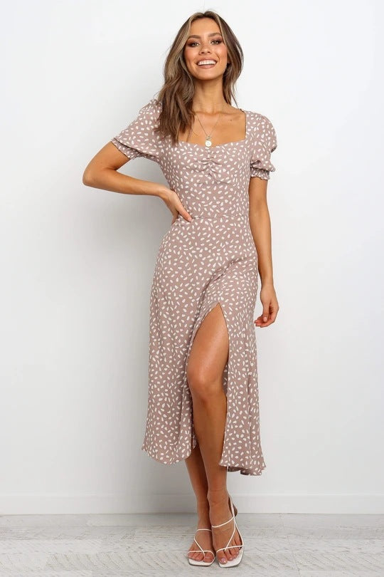 Maxi Dress Square Collar Short Sleeve Polka Dot Floral Print Slit Dress