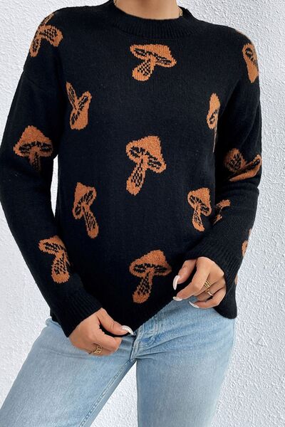 Warm and cozy graphic sweater in graphic prints such as yin and yang, mushrooms, and skull graphics, comes in gray, tan, and black colors with orange mushrooms