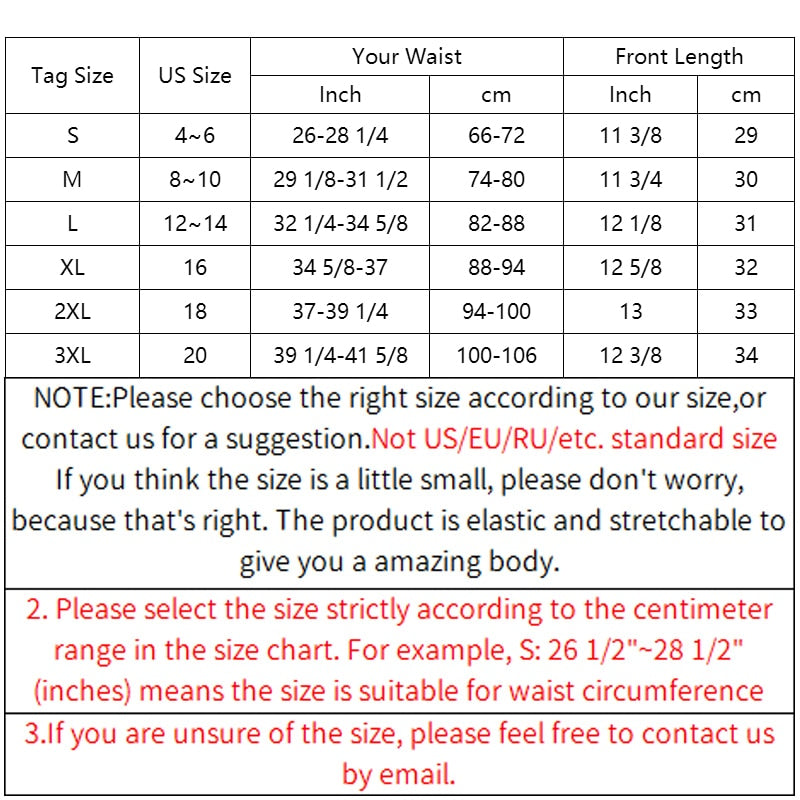 High Waist Slimming Panty size chart