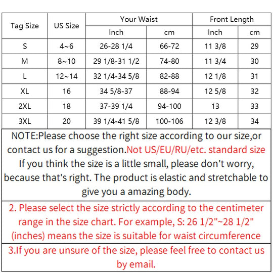 High Waist Slimming Panty size chart