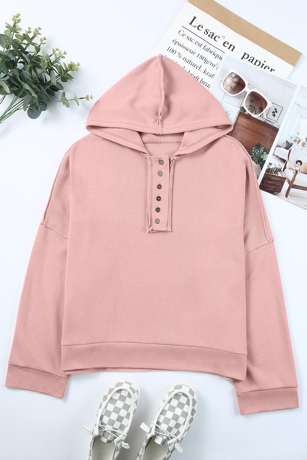 Quarter-Button Exposed Seam Dropped Shoulder Hoodie