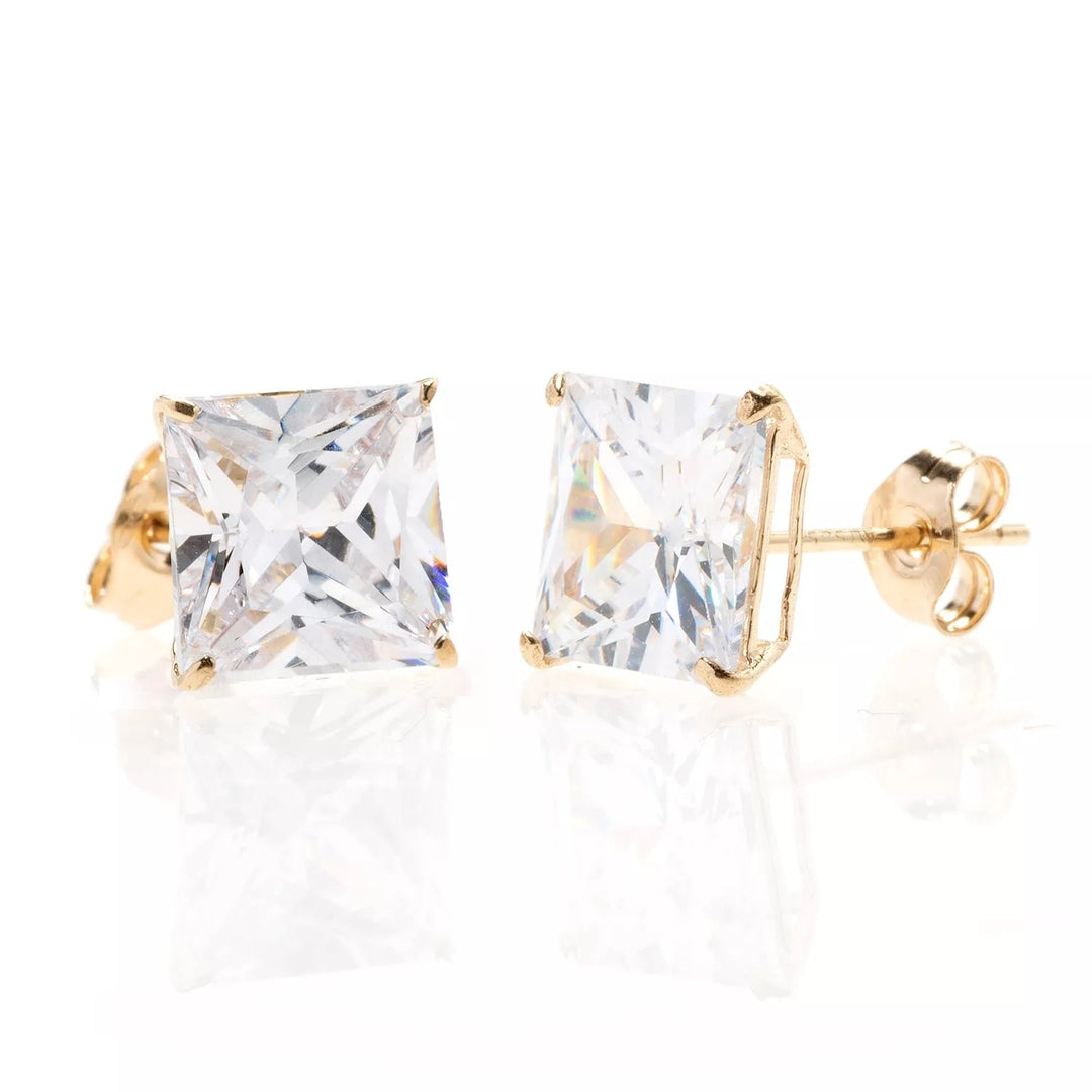 14K Yellow Gold Square Basket Setting Zirconia Simulated Diamond Stud women Earrings