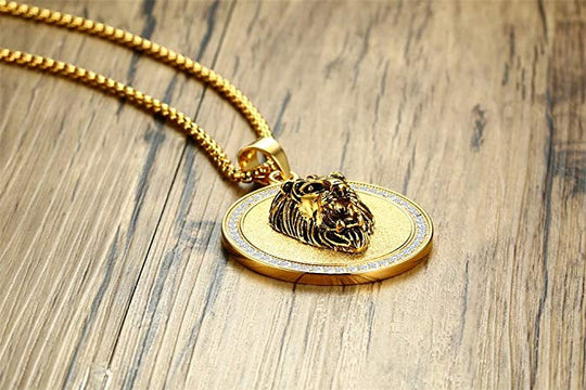 King of the Jungle Lion Pendant Medallion Necklace in 18K Gold Plated ITALY Made