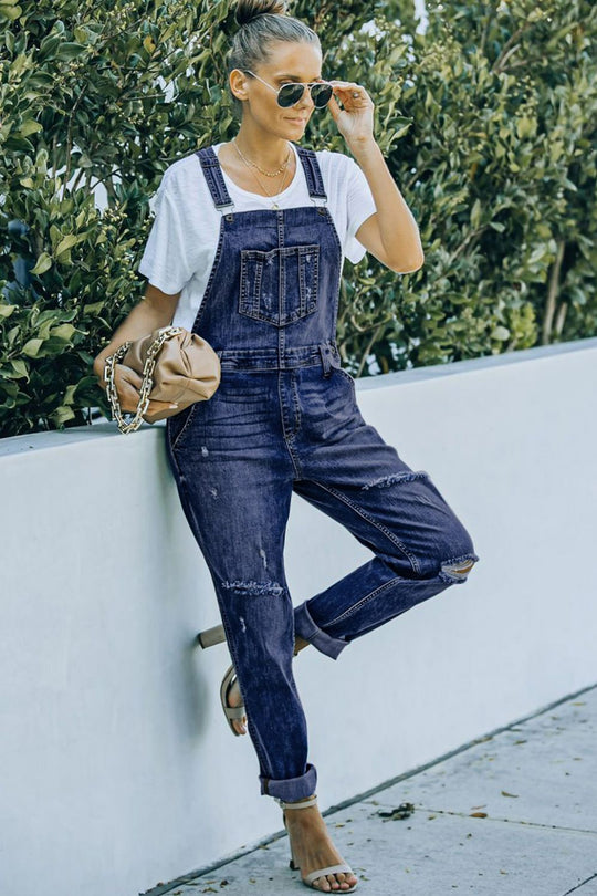 Stylistic brushed blue denim overalls