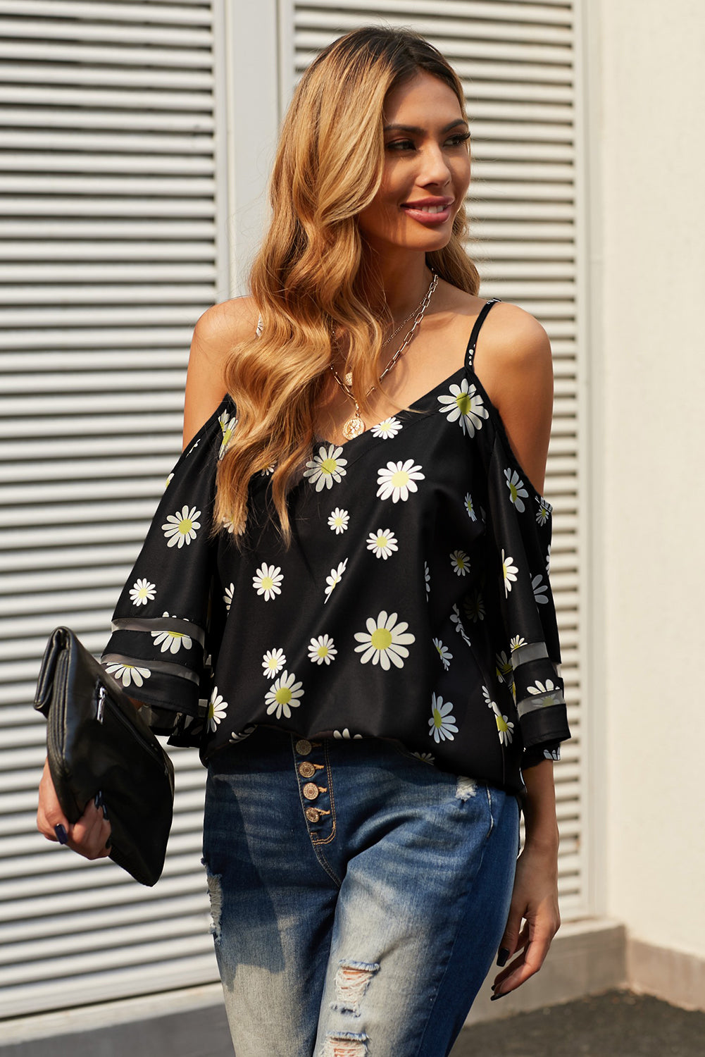 Printed Cold-Shoulder Three-Quarter Flare Sleeve Blouse