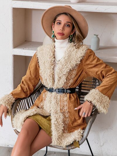 Fuzzy Open Front Long Sleeve Outerwear fur coat